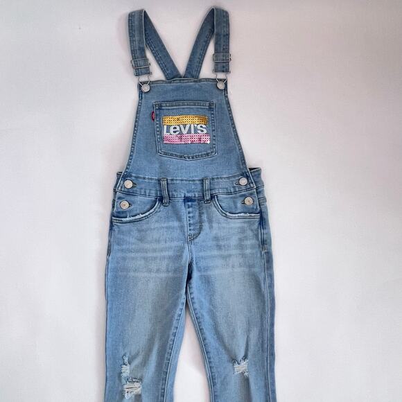 LEVIS BIG GIRLS GIRLFRIEND SEQUIN LIGHT WASH BLUE DISTRESSED OVERALLS SIZE 7 R - Picture 2 of 11